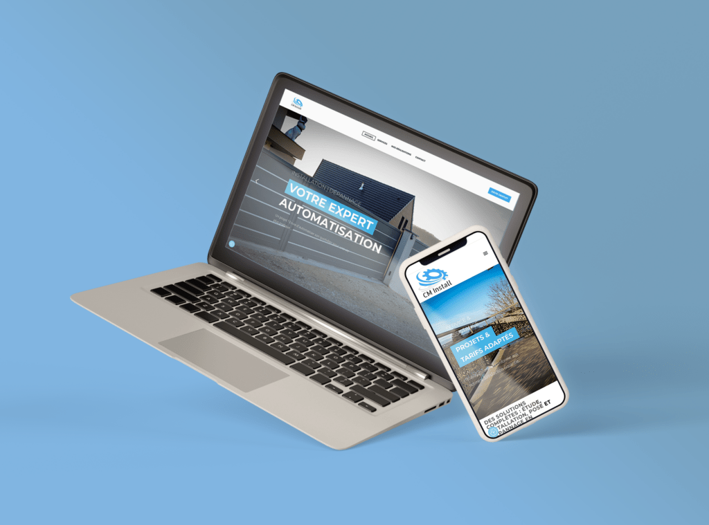 site web vitrine pour l'entreprise cm install sur laptop et mobile en responsive sur fond bleu